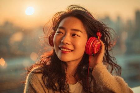 A young Asian girl wearing headphones by the window during the golden hourの素材