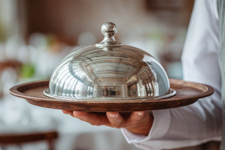 The gleaming, domed metal cloche that sits centrally on the trayの素材