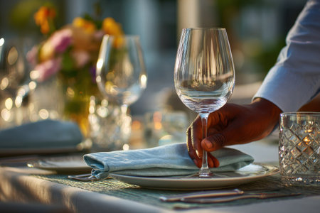 The hand of a black waiter captured as he places a clean, empty wine glass on a served table in a restaurant.の素材