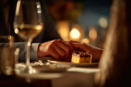 Romantic date at a restaurant. An intimate close-up shot of a couples hands on a restaurant tableの素材