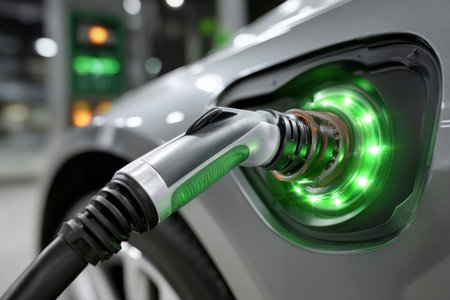 Charging plug being inserted into or securely connected to the charging port of an electric carの素材