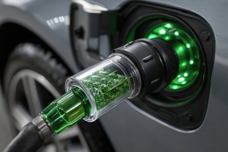 An electric vehicle charging port where a bright green LED ring or icon glows brightly, indicating a successful and active charging session.の素材