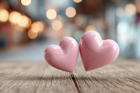 Two pink glossy hearts on a wooden table against a soft, blurred bokeh background. Valentines Day conceptの素材