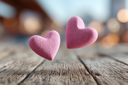 Two pink hearts bouncing on a wooden surface with a light bokeh background, Valentines Day conceptの素材