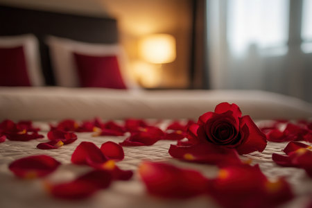 A lush cascade of dark red rose petals scattered across the snow-white bed linen. Romantic evening lightingの素材
