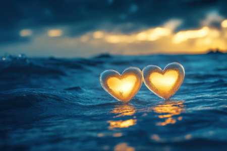 Two glowing hearts made of transparent glass float effortlessly above a calm twilight sea. Valentines Day conceptの素材