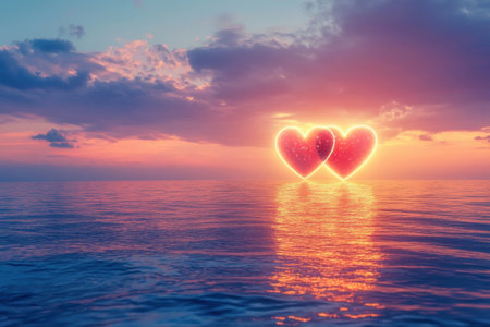 A powerful and romantic Valentines Day scene. Two large, brightly glowing red hearts float side by side over a calm sea at sunset.の素材