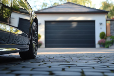 Close-up of a black modern car parked in a driveway near a garageの素材