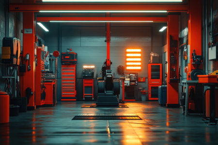 Auto repair shop located in a large garage.の素材