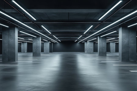 An atmospheric photo of an empty concrete underground parking garageの素材