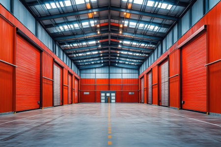 An industrial warehouse. A row of massive, bright red roller shutters, fully closed, create bold, graphic lines against a neutral background.の素材