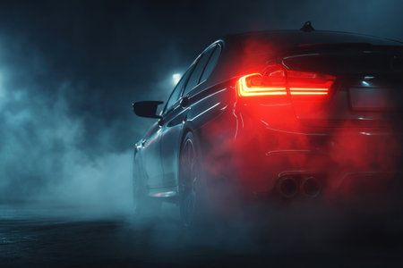 Close-up of the rear of a car with a red headlight burning in thick fogの素材