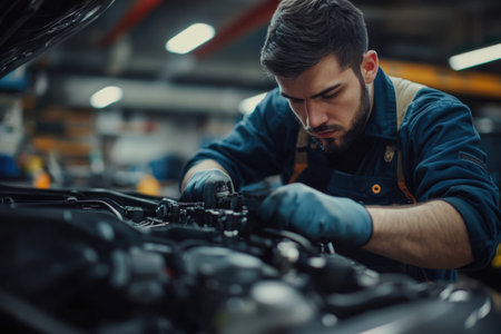 a mechanic with a look of extreme concentration on his face working under the hood of a car. Auto repair shopの素材