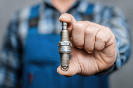 The mechanic carefully holds a new spark plug between his thumb and forefinger, showing it to the camera as if explaining its function.の素材