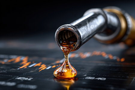 A fuel dispenser nozzle with a drop of gasoline against the background of oil prices and charts showing rising oil pricesの素材
