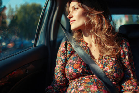 An attractive young pregnant woman sits in the passenger seat of a car wearing a seat beltの素材