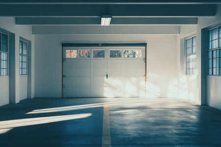 from the inside of an empty garage or storage space with a door and windows. view from inside a garage or warehouseの素材
