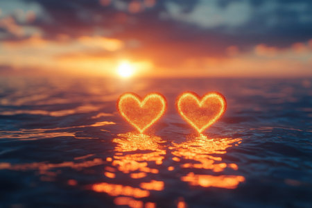 two glowing hearts above the sea, Valentine's Dayの素材