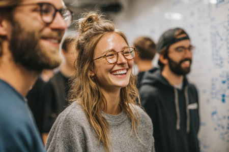 A team of office workers smiles as a result of a successful project Brainstorming concept.の素材