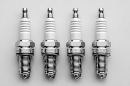 Spark plugs set closeup on a white background. Replacing spark plugs in a carの素材