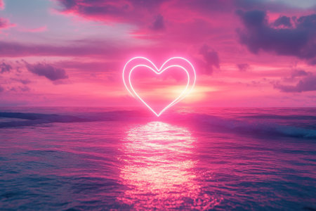 A neon glowing heart rises over the sea during a pink sunset. Valentine's Dayの素材