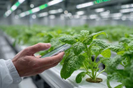 Growing plants hydroponically. A biologist's hand holding a smartphone near hydroponic sprouts.の素材