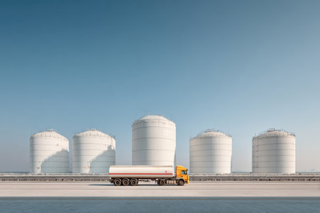 White fuel tanks. The fuel truck moves along the fuel tanks.の素材