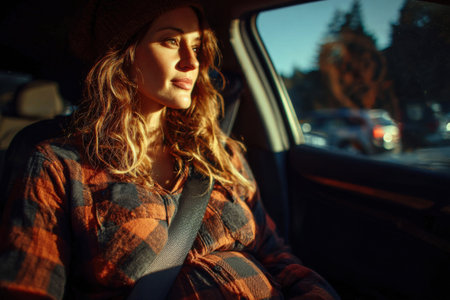 A pregnant woman driving a car. Driving a car during pregnancy.の素材
