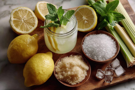 Lemonade. sliced lemons, sugar cane, mint, ice cubes on a marble surface,の素材