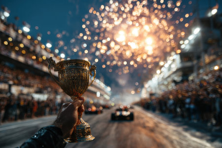 a golden cup of the winner in the hand of the racer champion against the background of fireworksの素材