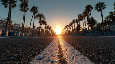 Evening sunset atmosphere with palm trees silhouettes over the race track asphalt close-upの素材