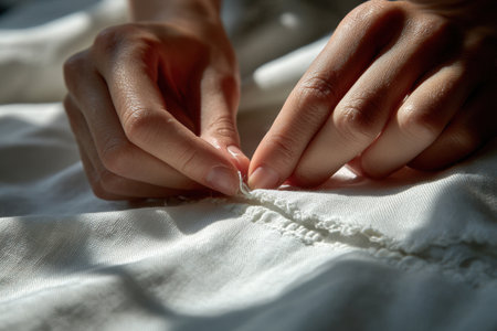 the hands of a seamstress at work. Concept of mending and repairing clothes.の素材