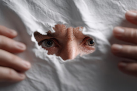 A man's gaze through a hole in white paper. A man peeks.の素材