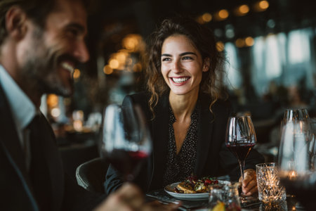 A young man and woman are having a romantic dinner. Dating and relationships, the concept of intimacy.の素材