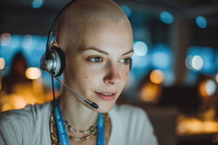A bald girl works as an operator in a call center. She is wearing a white shirtの素材