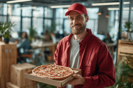 food delivery concept. A young man in a red uniform and baseball cap delivers pizza to an officeの素材