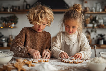 children are preparing for Christmas. A boy and a girl decorate gingerbread cookies at home in the kitchenの素材