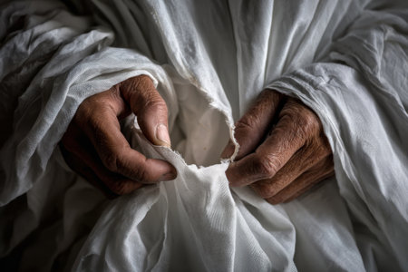 the old man's hands reveal a hole in his white robe. aged clothesの素材