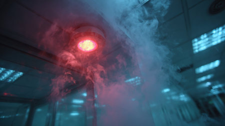 The fire alarm is surrounded by smoke and signals dangerの素材