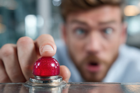 A young male bank employee presses the red alarm button. close-up of a man's finger on the red buttonの素材