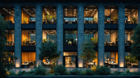 The exterior of an office building with large windows that show off many employeesの素材