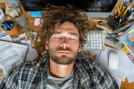 Top view. Man fell asleep at work. Work environment. Concept of overtimeの素材