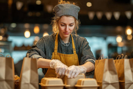 charity, donation and volunteering concept - international group of happy smiling volunteers packing food in boxes according to list on clipboard at distribution or refugee assistance centerの素材