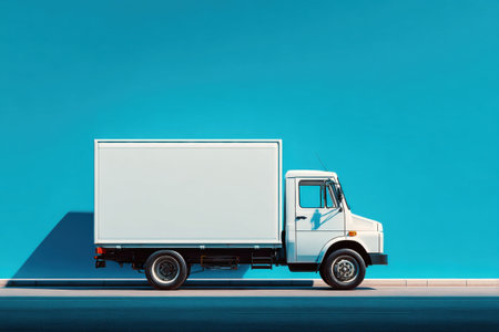 A white, unrecognizable delivery truck on a blue background with space for text, a banner with the concept of an online store and delivery serviceの素材