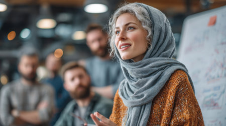 cinematic scene, a diverse team of professionals in a bright, collaborative workspace. A Muslim woman leading the discussion at a whiteboardの素材
