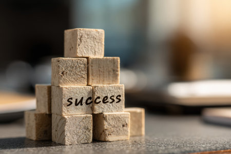 Wooden cubes with the word "success" written on them stacked in a pyramid on a desk in an office. The path to success.の素材
