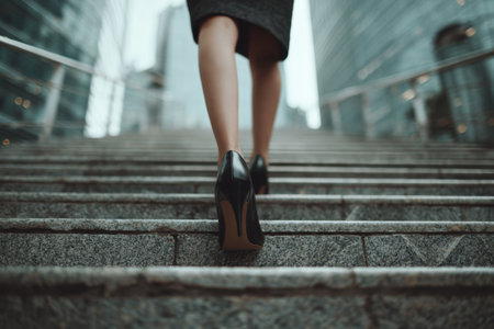 Slender female legs in black leather high-heeled shoes climbing up the stairs in a business office. The concept of career growth and success in businessの素材