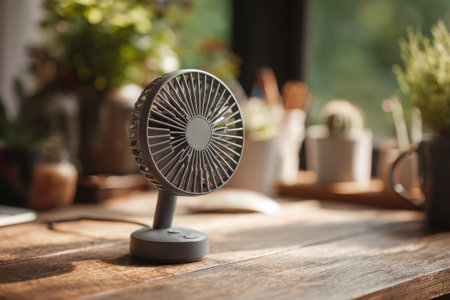 Close-up of a small portable desk fan in front of a soft green background with blurred plant. Clean, product-centric composition with ample copy space for advertising.の素材