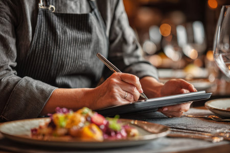 Hands of a waitress hold a tablet for writing down an order above the tableの素材