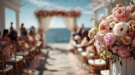 Abstract blurred image of outdoor wedding ceremony. guests on the benchesの素材